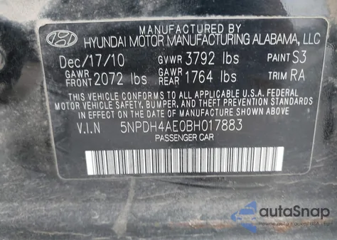 2011 Hyundai Elantra Limited from USA, damaged, VIN 5NPDH4AE0BH017883